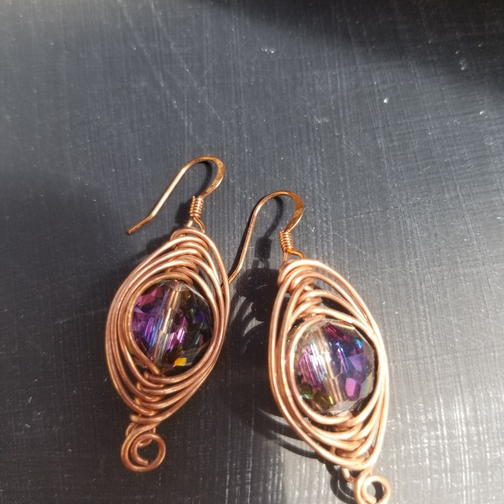 Copper and gem weaved earrings